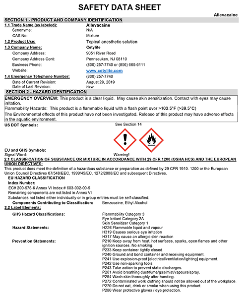 Allevacaine - Safety Data Sheet